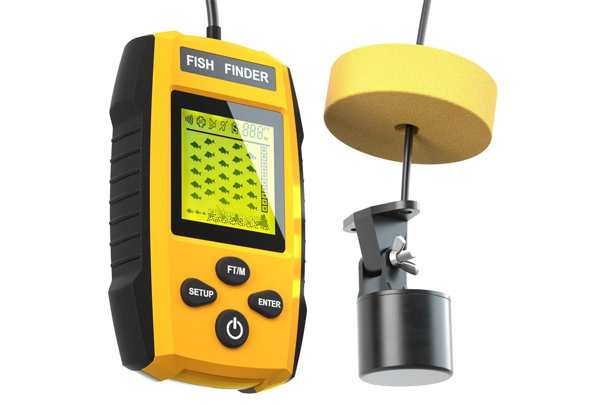 Portable fish finder with round sonar sensor and 25ft cable