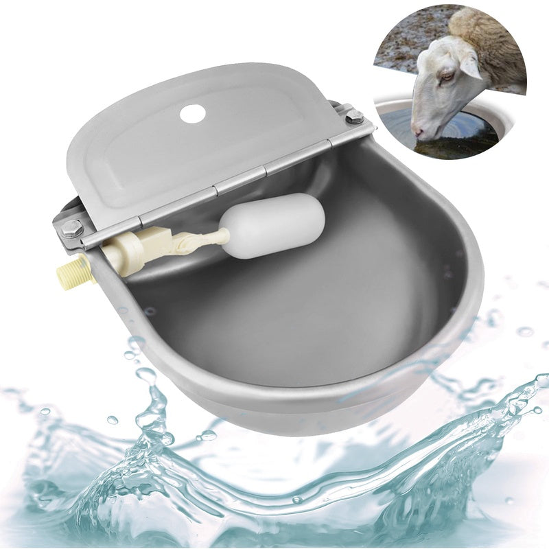 Automatic drinking bowl water trough bowl side view showing silver stainless steel