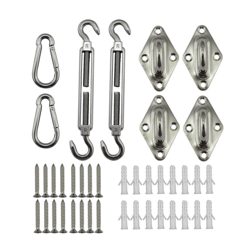 Sun shade sail hardware showing 304 stainless steel pad eye close up