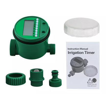 Digital water irrigation timer showing LCD screen and buttons