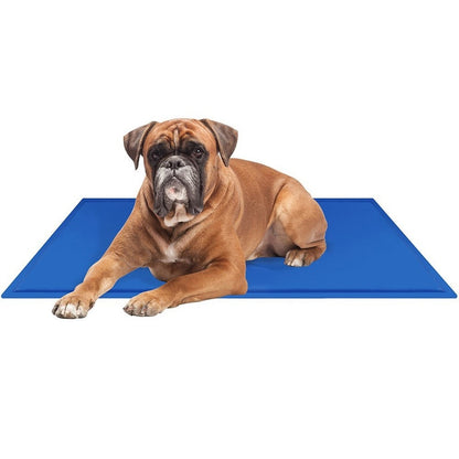 Pet cooling mat gel pad in blue showing full 90cm length