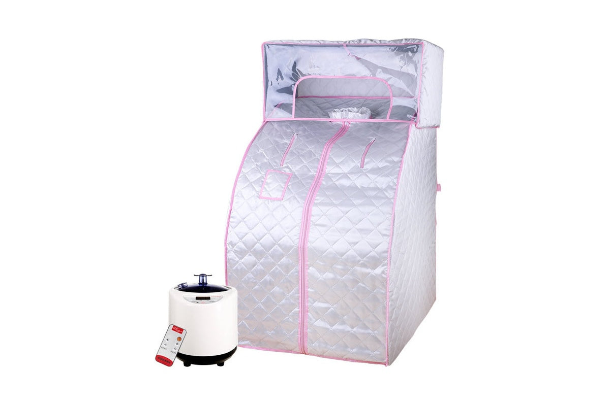 Side angle of portable sauna steam room showing plastic trestle