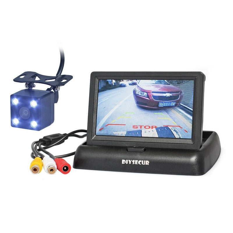 Car reverse camera kit showing 43 inch colour LCD screen