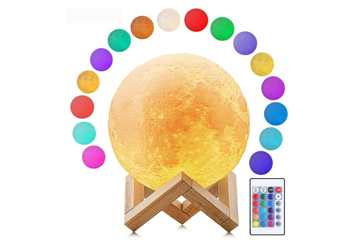 Side view of moon lamp night light with wooden holder base