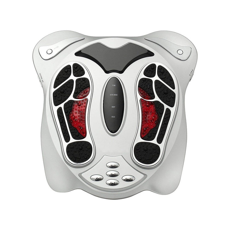 Electromagnetic foot massager silver top view showing control panel