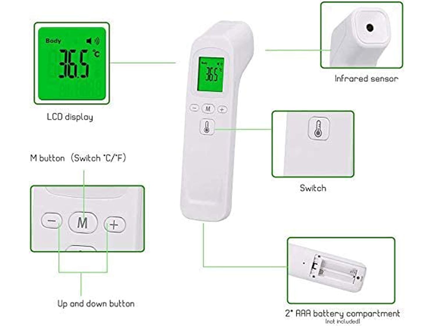 Close-up of forehead thermometer measurement button