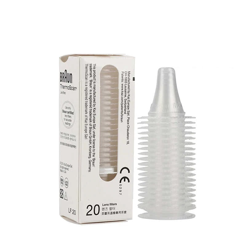 Thermoscan thermometer lens filters pack showing 20 BPA-free covers
