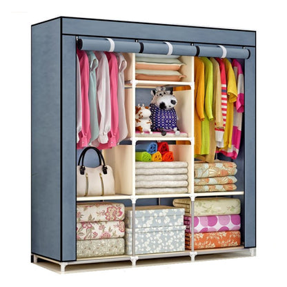 Wardrobe organiser front view showing grey canvas cover