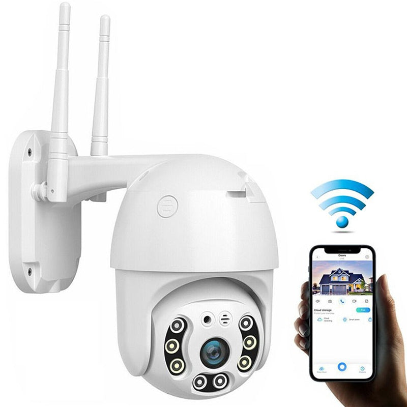 Security camera front view showing 2MP lens and plastic casing