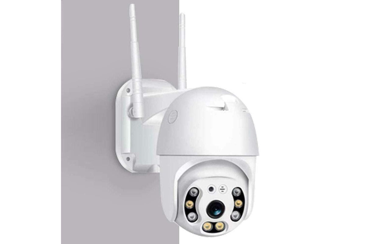 Wireless IP security camera mounted outdoors with weatherproof design