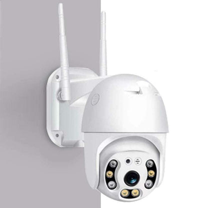 Wireless security camera showing front view with black casing