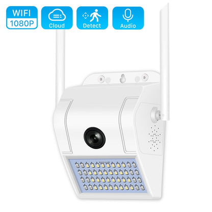 Outdoor lights with security camera LED showing front view with floodlight