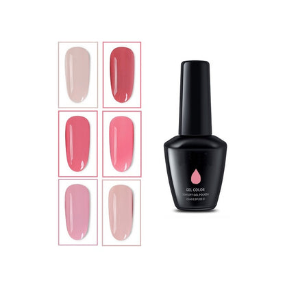 Gel nail polish set showing six 15ml bottles with assorted colours