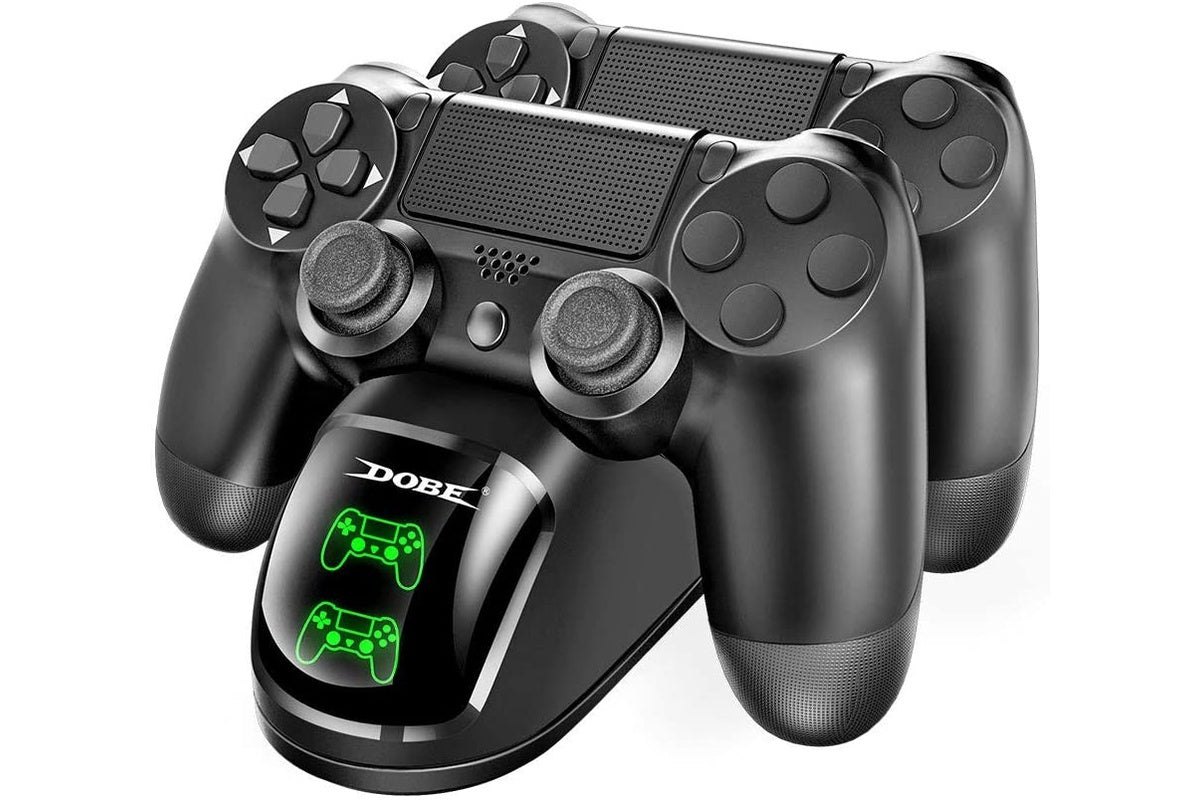 Side angle of PS4 controller charging dock showing USB cable