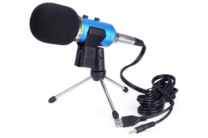 Side view of USB microphone showing volume and reverb knobs