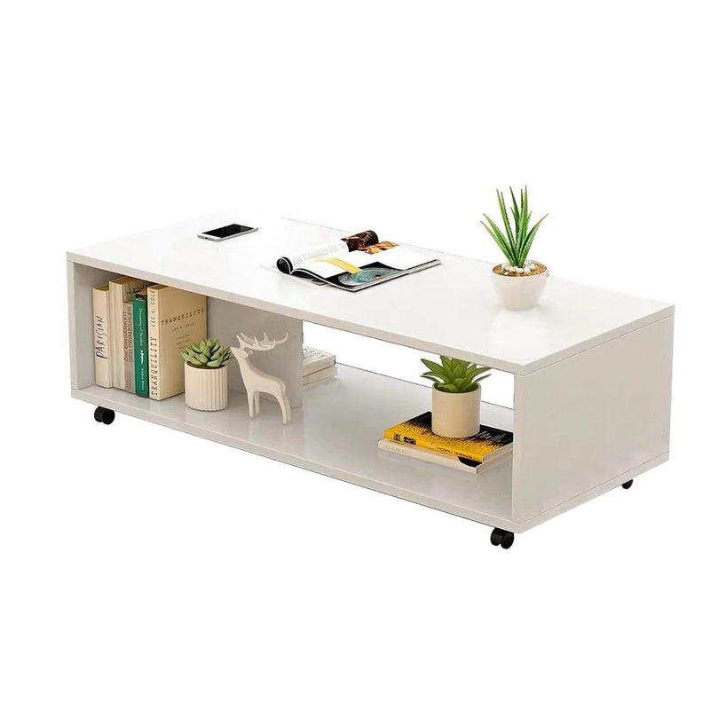 White multifunction coffee table with wheels side view