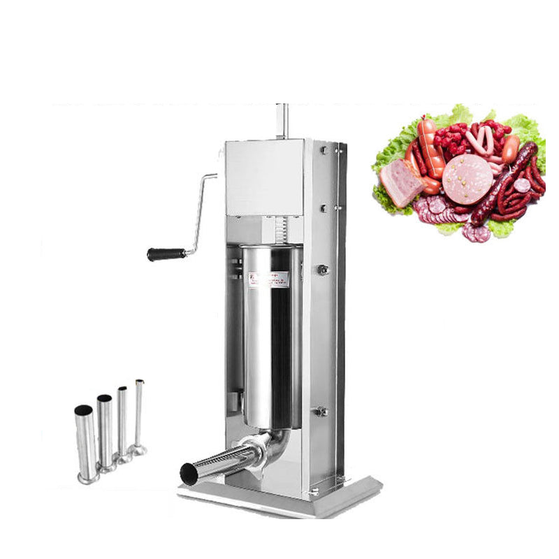 Vertical sausage maker stuffer showing stainless steel barrel