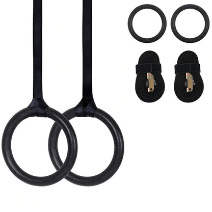 Olympic gymnastic rings showing adjustable black nylon straps
