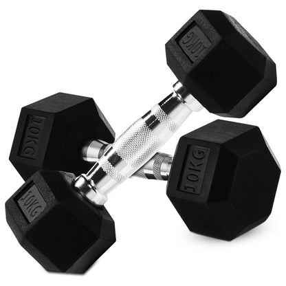 Dumbbell set 2x 10kg hex weights showing size and grip