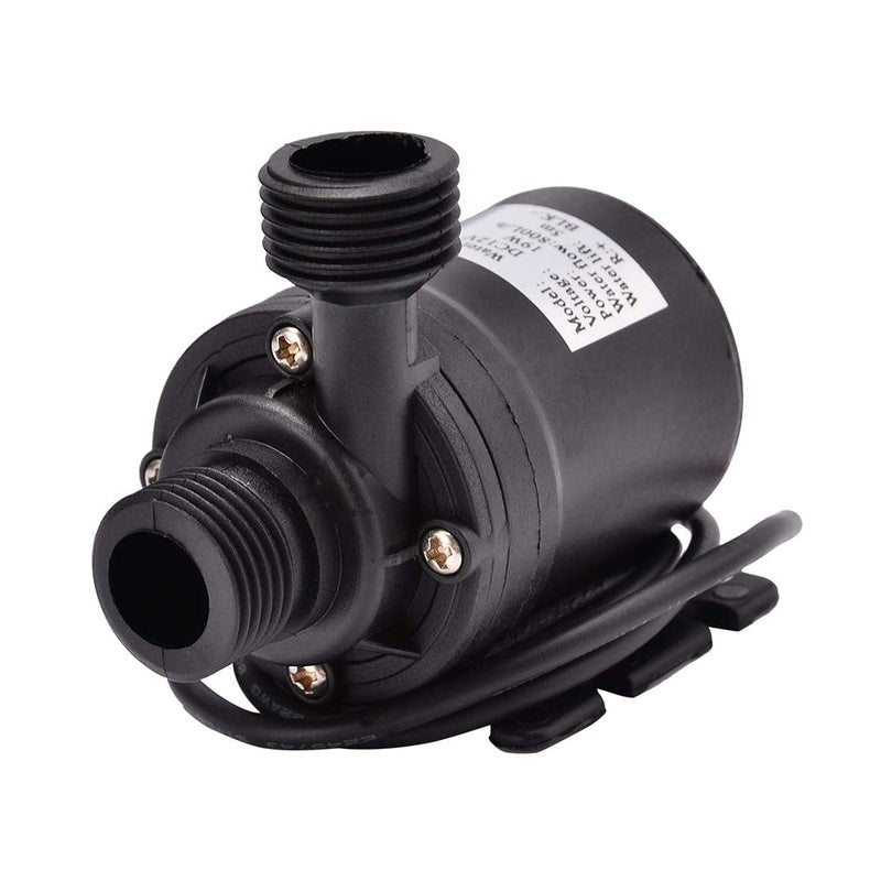 12V water brushless pump side view showing black plastic body