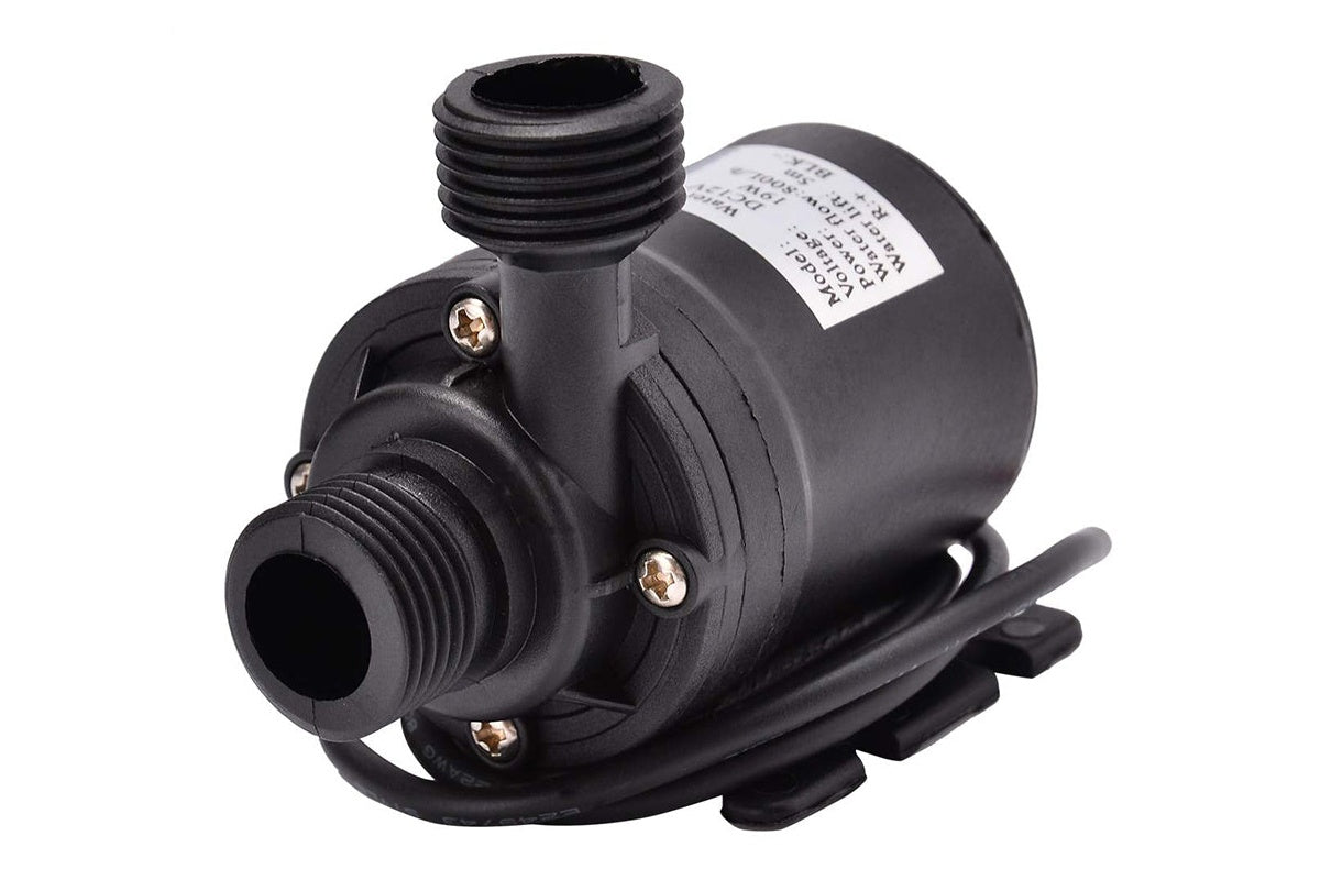 Top angle of 12V water brushless pump with inlet and outlet ports