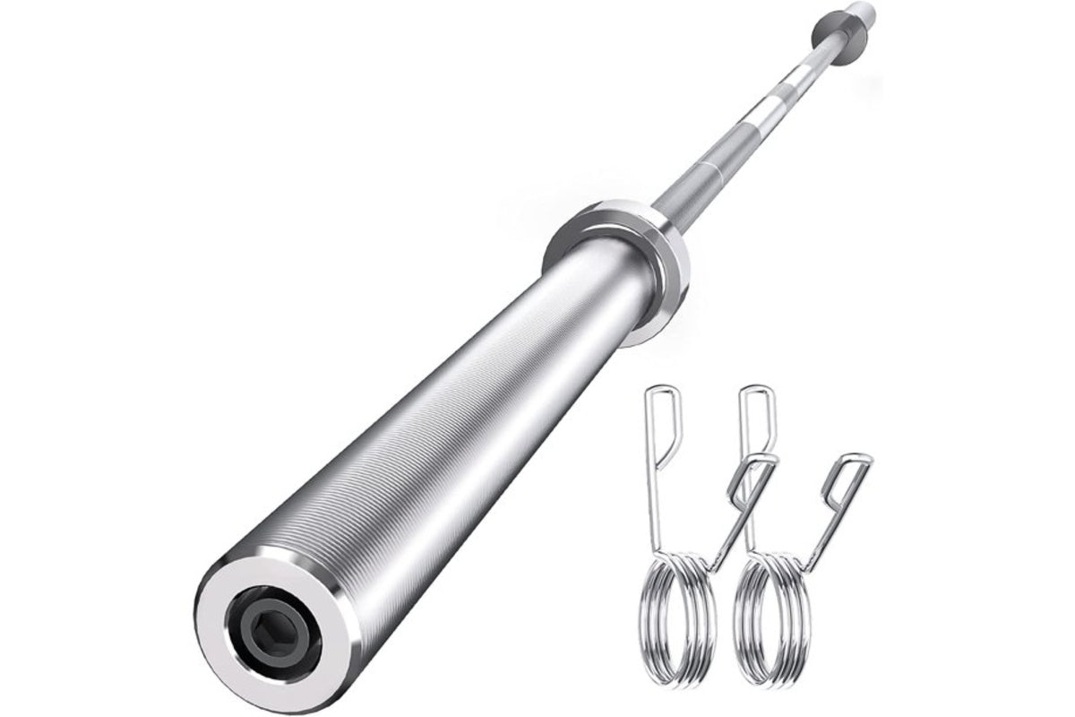 Close up of knurled grip section on Olympic barbell bar