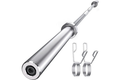 Close up of knurled grip section on Olympic barbell bar