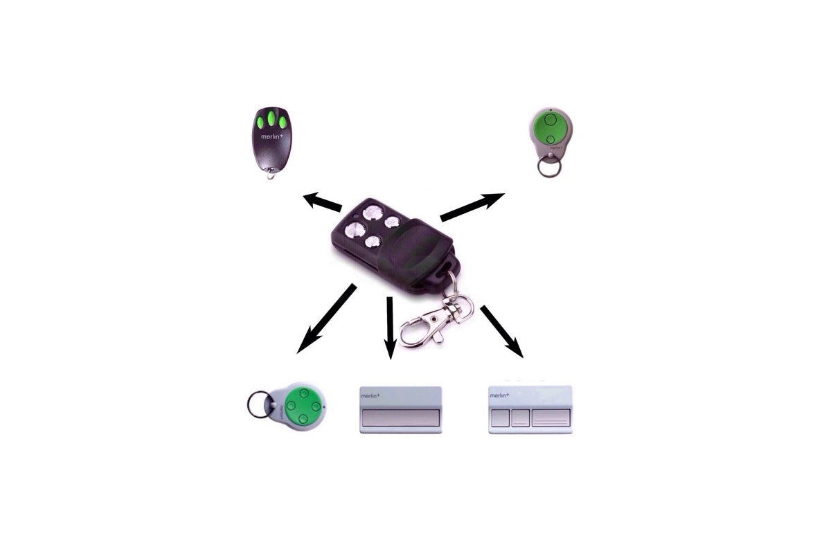 Side angle of Merlin garage door remote showing buttons