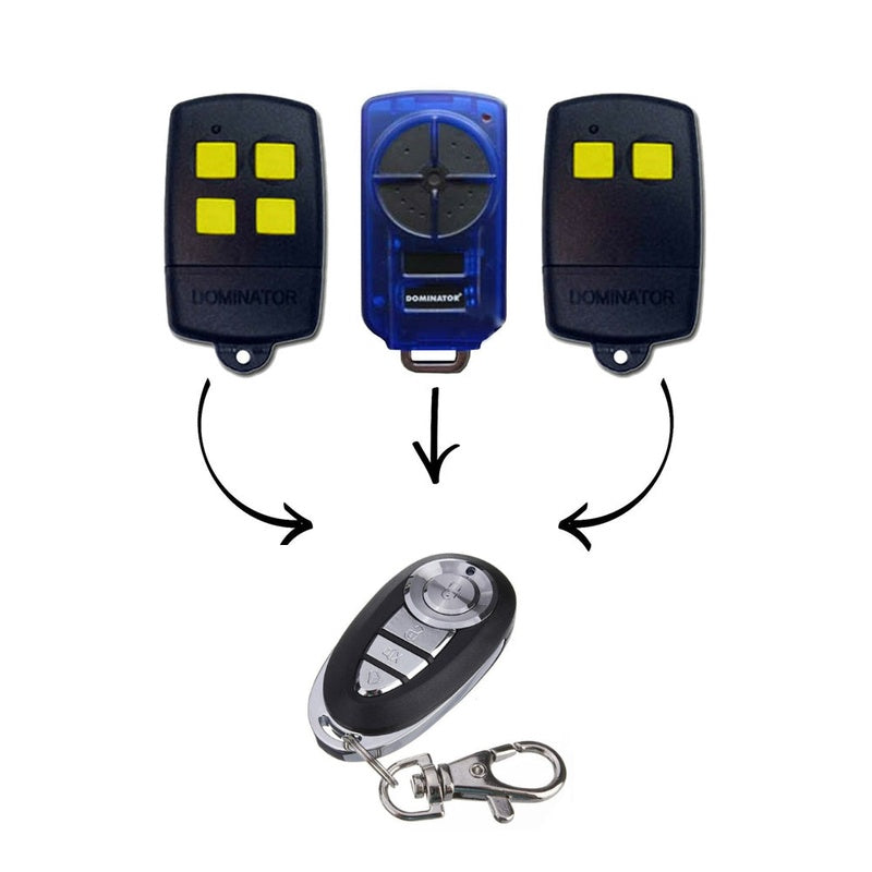 Dominator garage door remote replacement showing chrome metal side frame