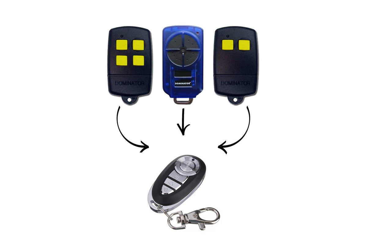 Slim line design of Dominator garage door remote replacement in silver