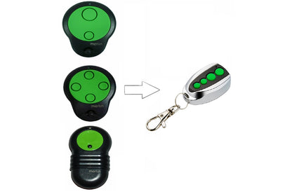 Close up of garage remote control buttons in black and chrome green
