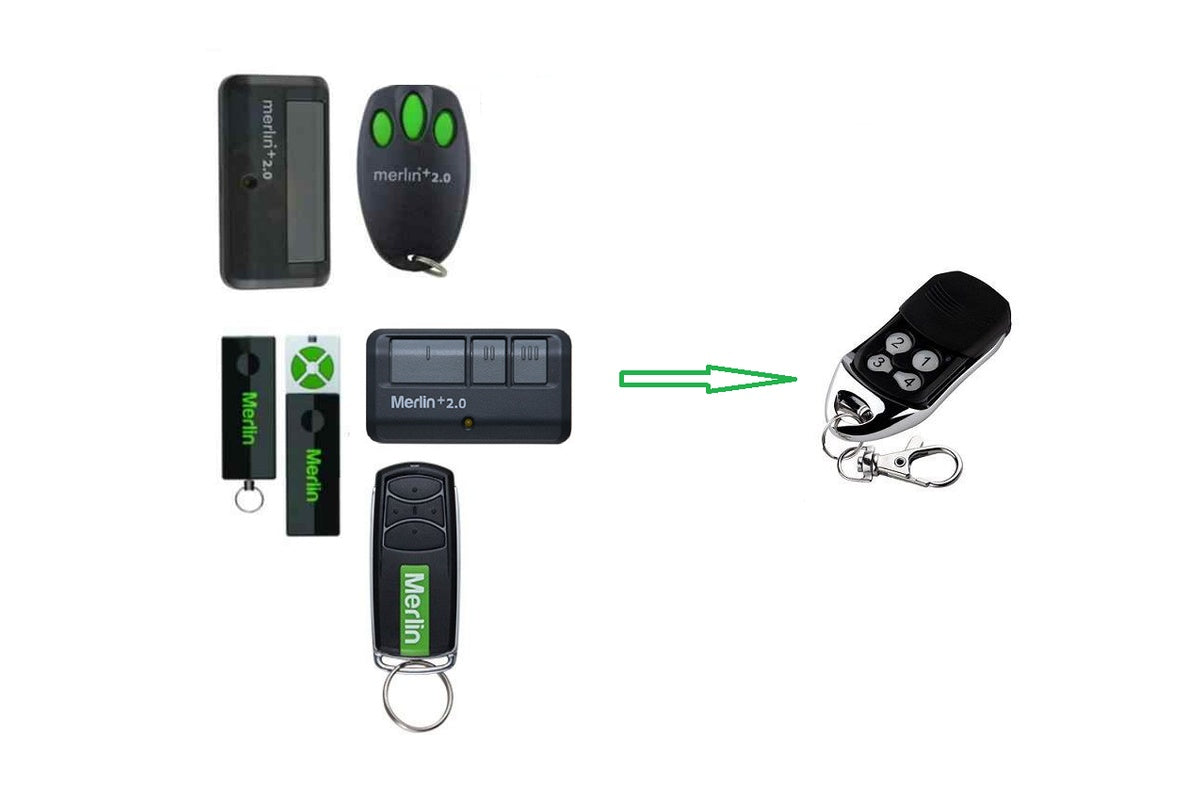 Side angle of Merlin garage door remote control showing button layout