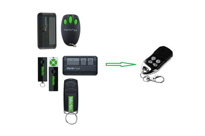 Side angle of Merlin garage door remote control showing button layout