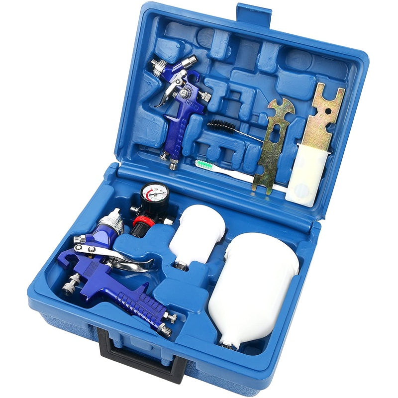 Paint spray gun kit showing aluminium alloy body and plastic cup
