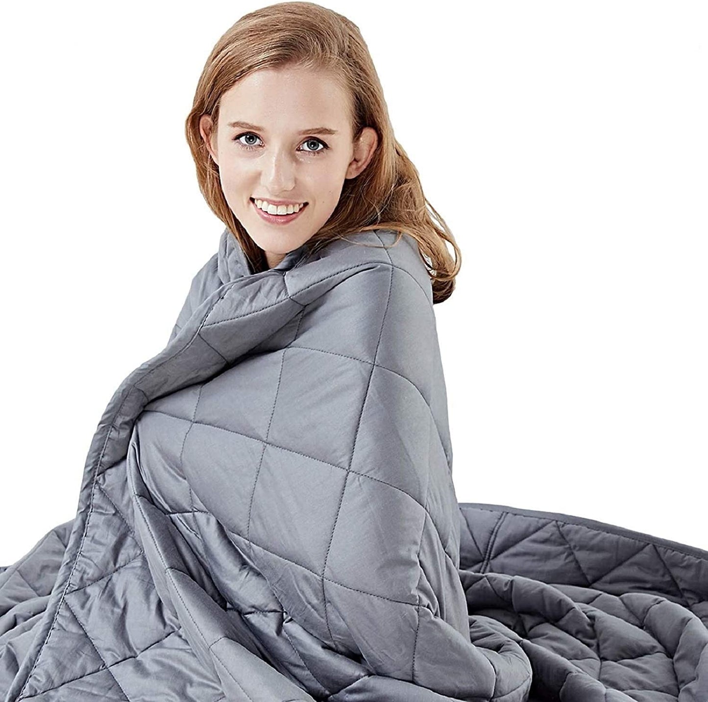 Weighted blanket draped over shoulder for versatile use