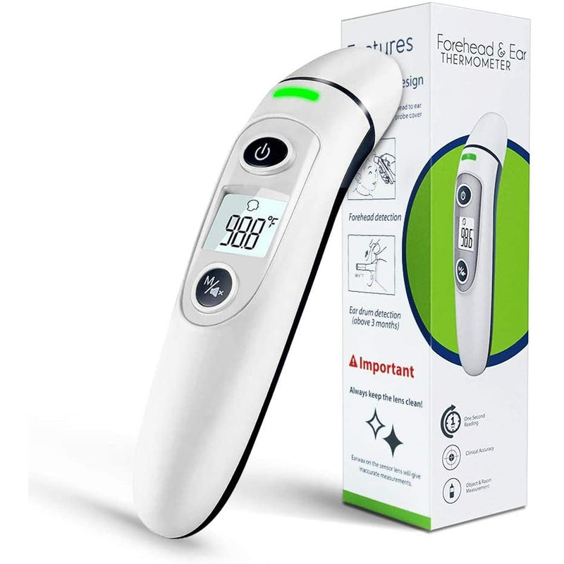 Forehead and ear thermometer showing front view with LCD screen