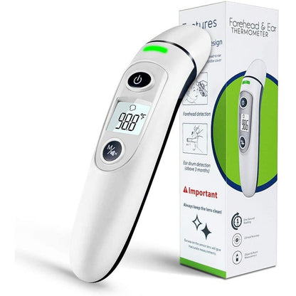 Forehead and ear thermometer showing front view with LCD screen