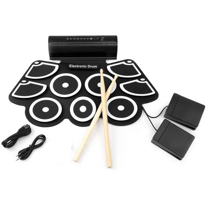Electronic roll up drum kit showing 9 silicone drum pads