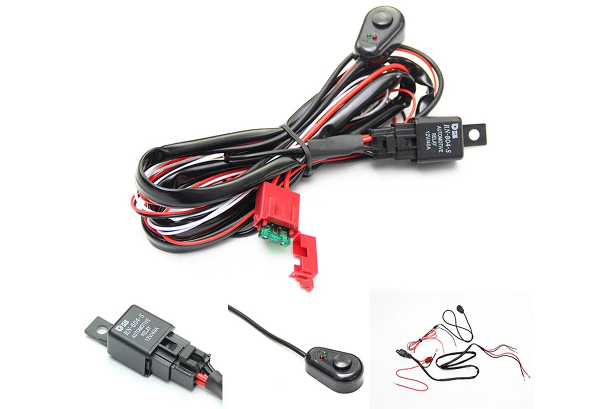 Close up of LED light bar wiring harness inline blade fuse and 40A relay