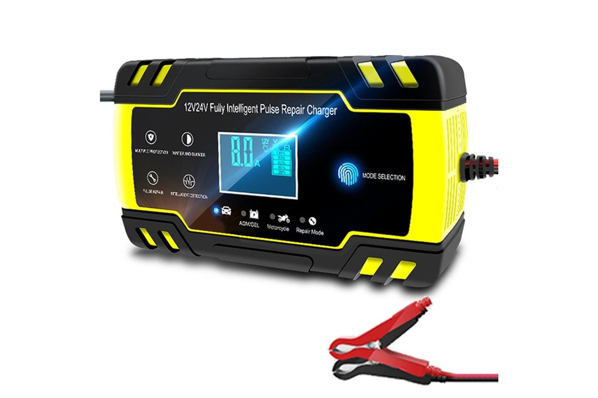 Side angle of car battery charger automatic with cooling fan visible