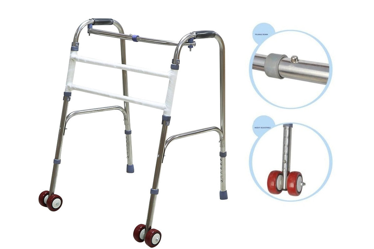 Folded walking frame mobility walker showing compact size