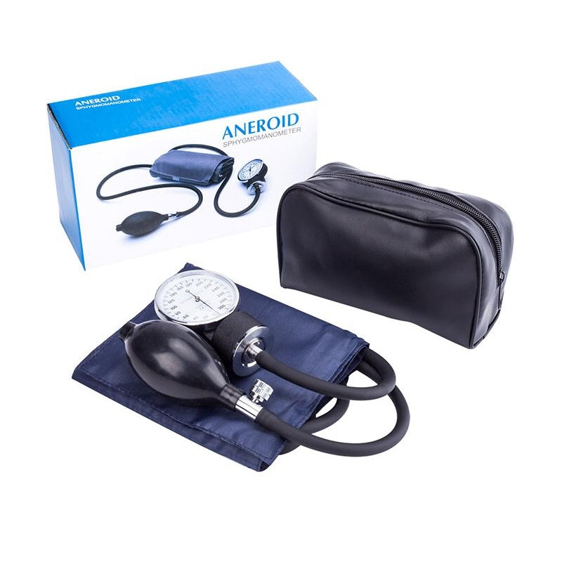Automatic blood pressure monitor showing front dial and cuff