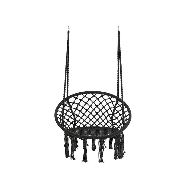 Macrame hanging chair in black cotton rope from front angle