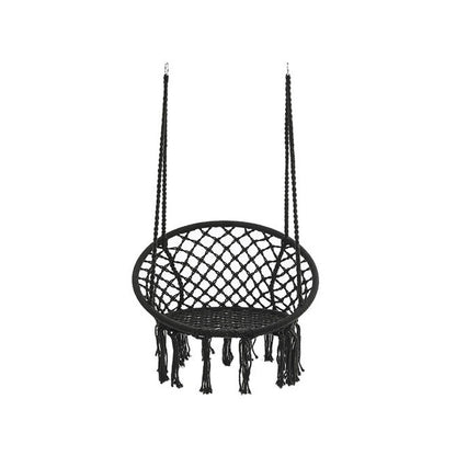 Macrame hanging chair in black cotton rope from front angle
