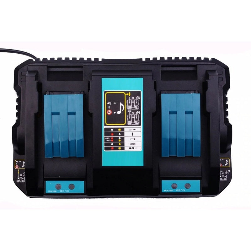 Replacement Makita battery charger front view in black plastic