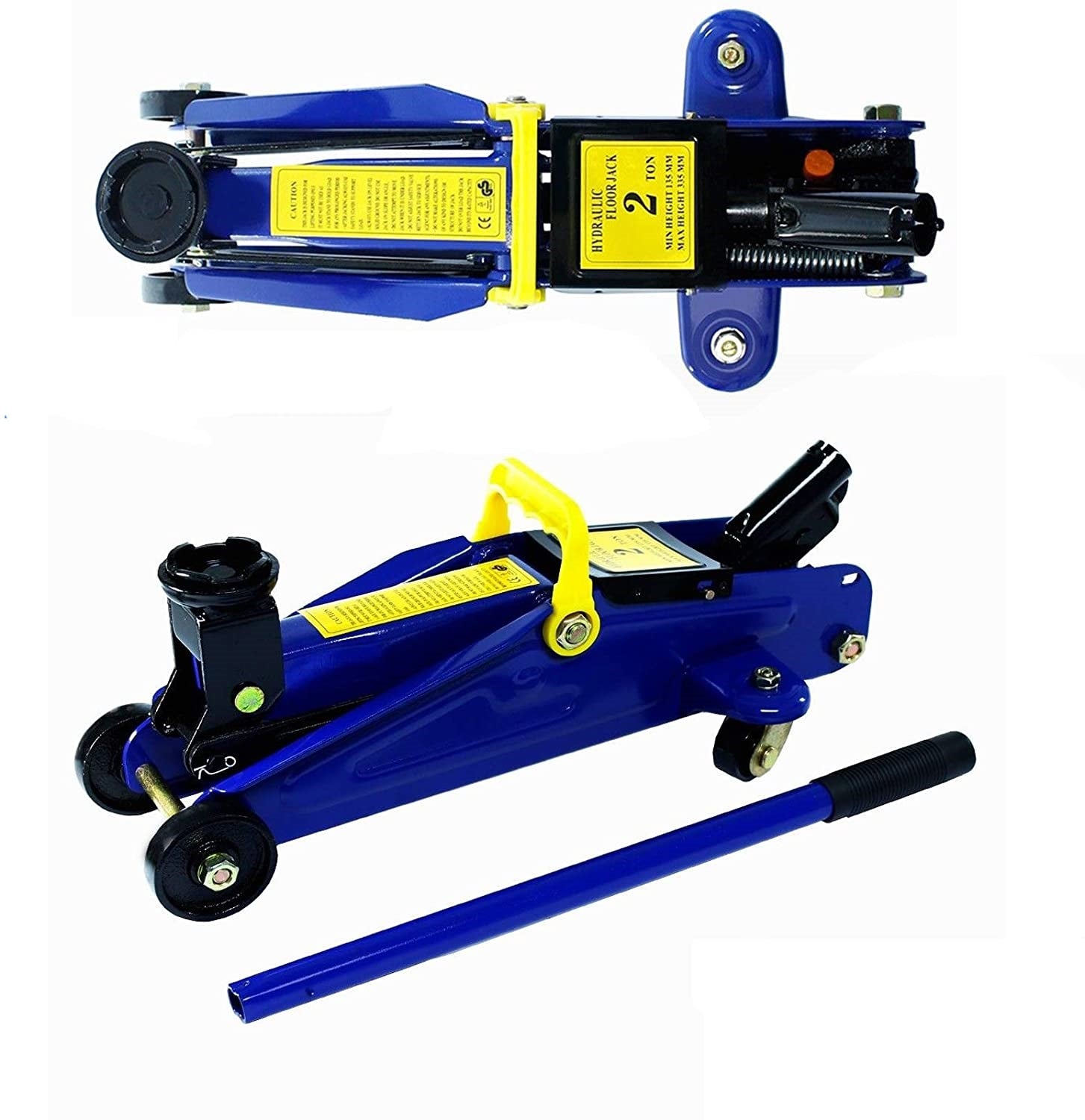 Blue trolley floor jack 2 ton steel with carry handle visible
