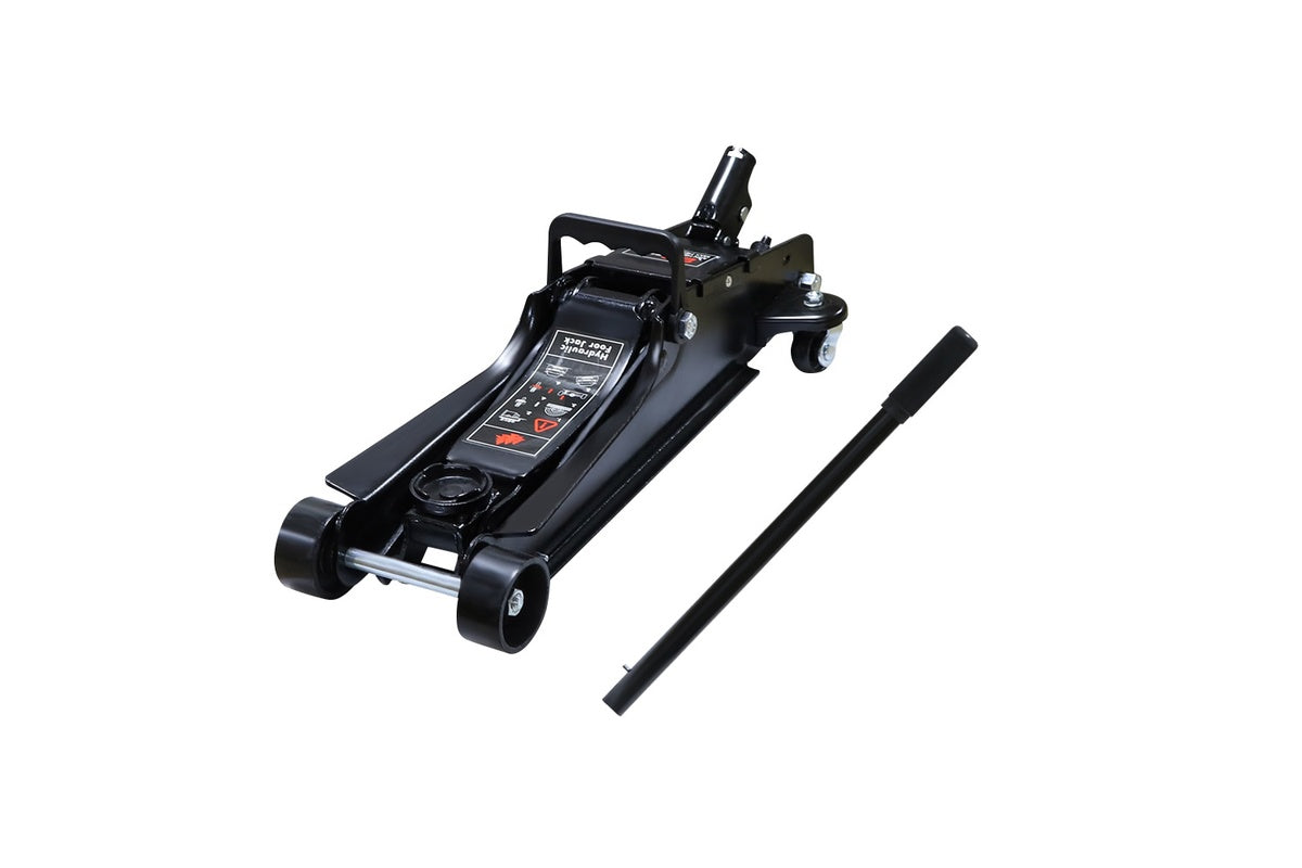 Close up of trolley floor jack hydraulic pump and handle
