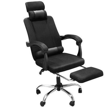 Office chair with footrest showing black fabric seat