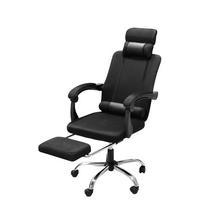 Office chair with footrest showing black fabric seat