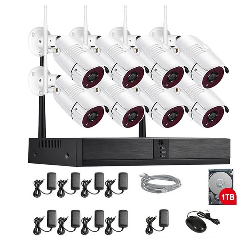 Wireless security camera system showing front view of one camera